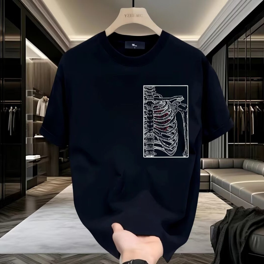 Skeletal Design Men's Breathable Pure Cotton T-Shirt with Geometric Print