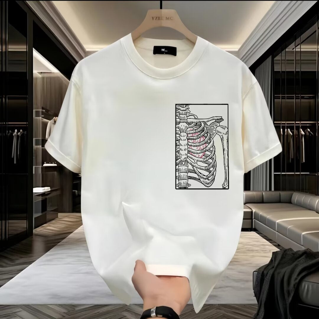 Skeletal Design Men's Breathable Pure Cotton T-Shirt with Geometric Print