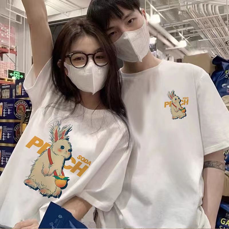 Peachy Soda Bunny Casual Couple Cotton T-shirts