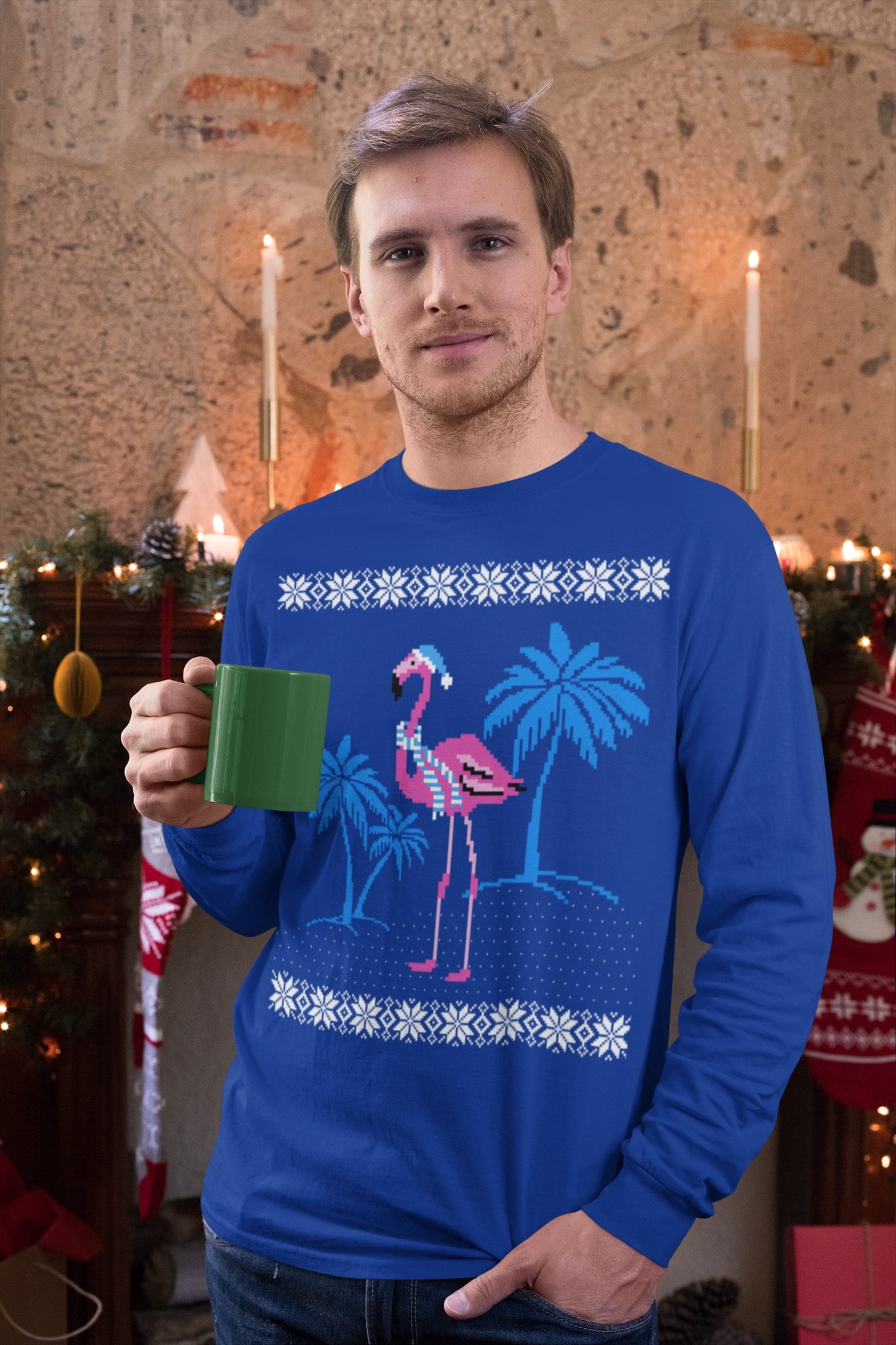 Mens Flamingo Winter Ugly Christmas Sweater Long Sleeve T Shirt