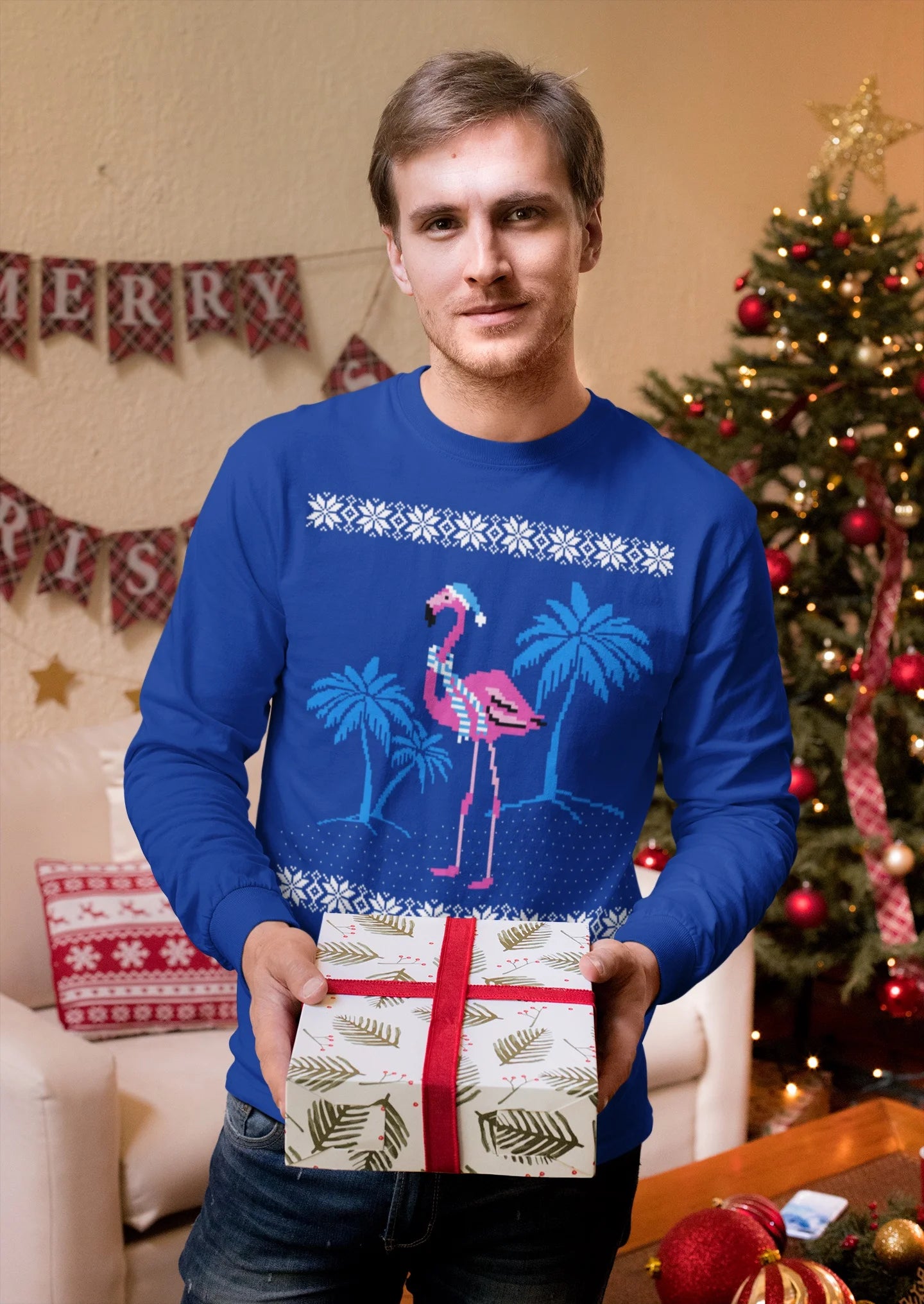 Mens Flamingo Winter Ugly Christmas Sweater Long Sleeve T Shirt