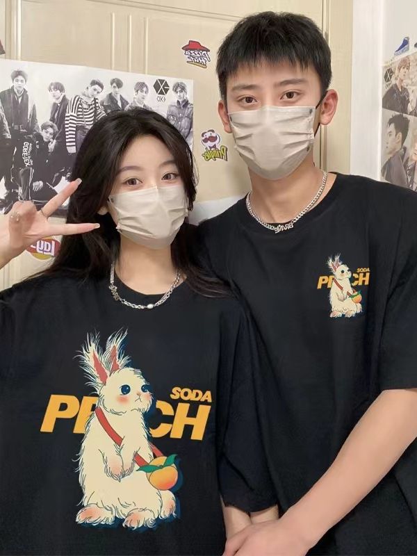Peachy Soda Bunny Casual Couple Cotton T-shirts