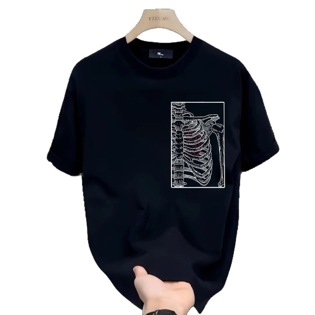 Skeletal Design Men's Breathable Pure Cotton T-Shirt with Geometric Print